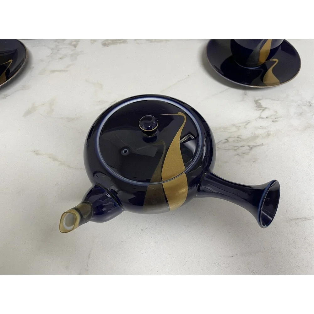 Vintage  Fukagawa Arita Cobalt Blue Gold Cranes Teapot 5 Cups/5 Sm Plates‎